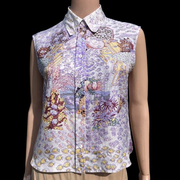 HERMES Paris Seeveless Silk Shirt Top Ocean Print Recontre Oceane Size 38 S NWT - Picture 1 of 16